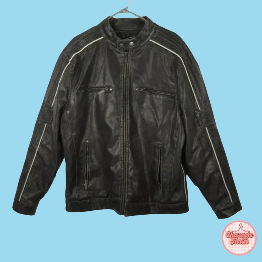 Vintage Moto Gear Black Striped Leather Biker  Motorcycle Faux Leather Jacket